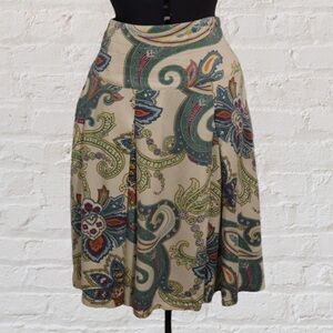 Izod Cream Turquoise Pink Paisley Pleated A-line Knee Length Skirt